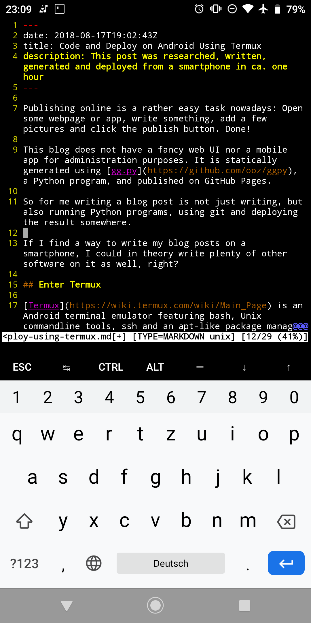 Screenshot of vim running inside Termux