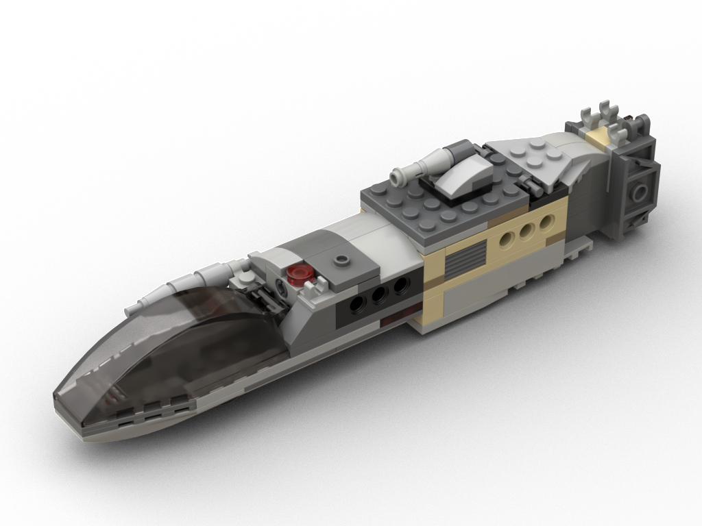 The Needle: diagonal front view, fully assembled with cockpit, cargo pod and engine